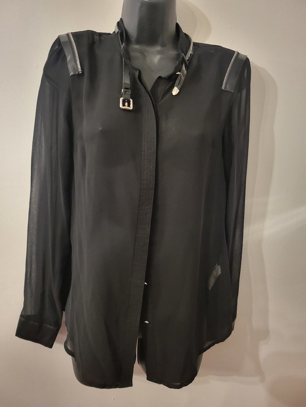 RUDSAK Black Sheer Blouse with Leather & Zip Details - Size Small